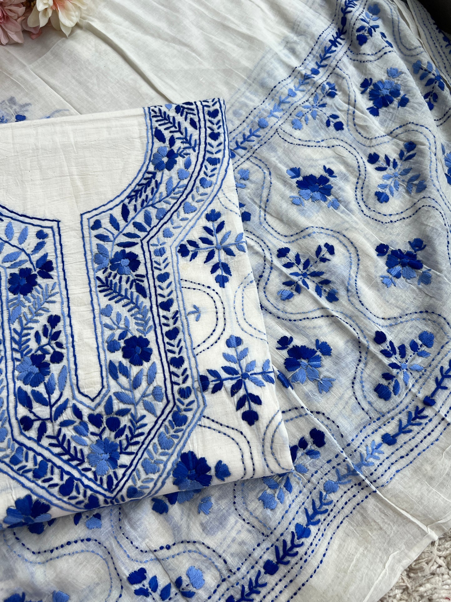 Ivory & Cobalt Blue Pure Cotton Hand-Embroidered Unstitched Dress