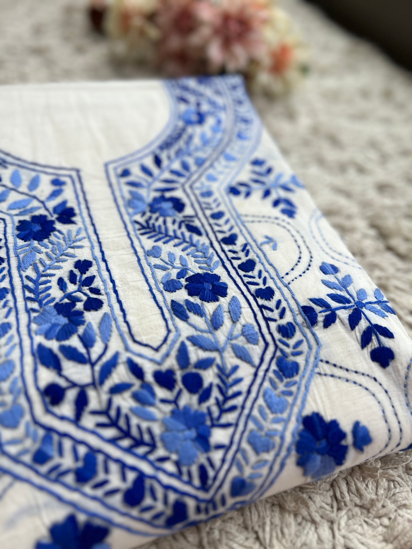 Ivory & Cobalt Blue Pure Cotton Hand-Embroidered Unstitched Dress
