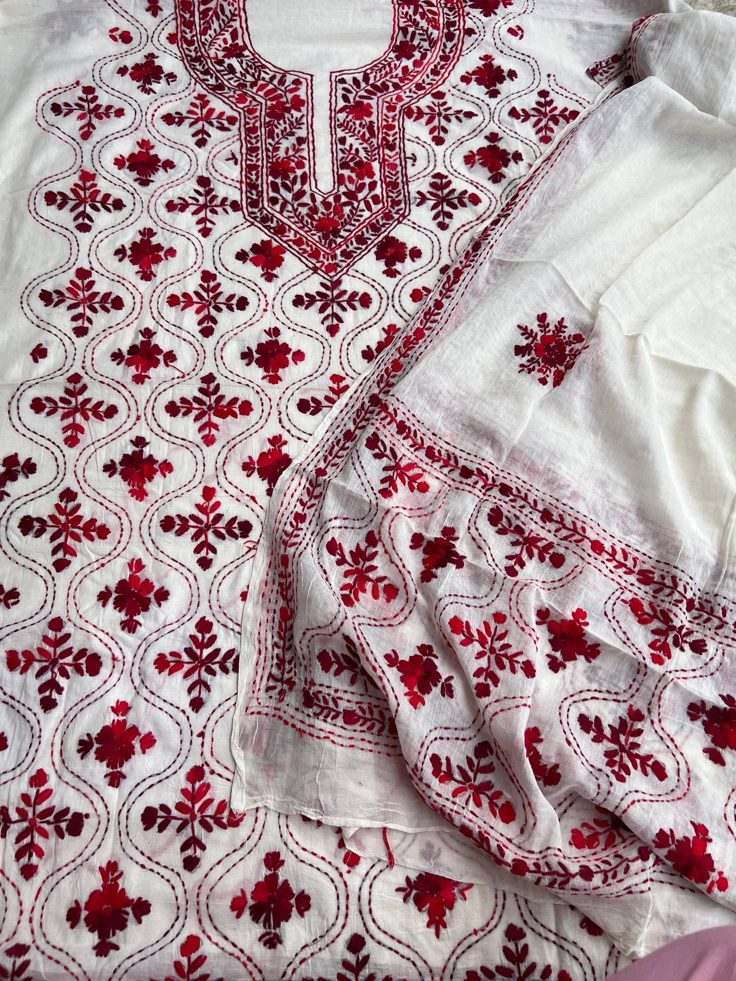 Ivory & Crimson Pure Cotton Hand-Embroidered Unstitched Dress