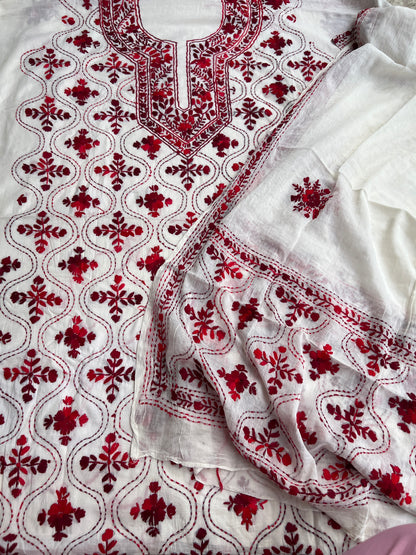 Ivory & Crimson Pure Cotton Hand-Embroidered Unstitched Dress