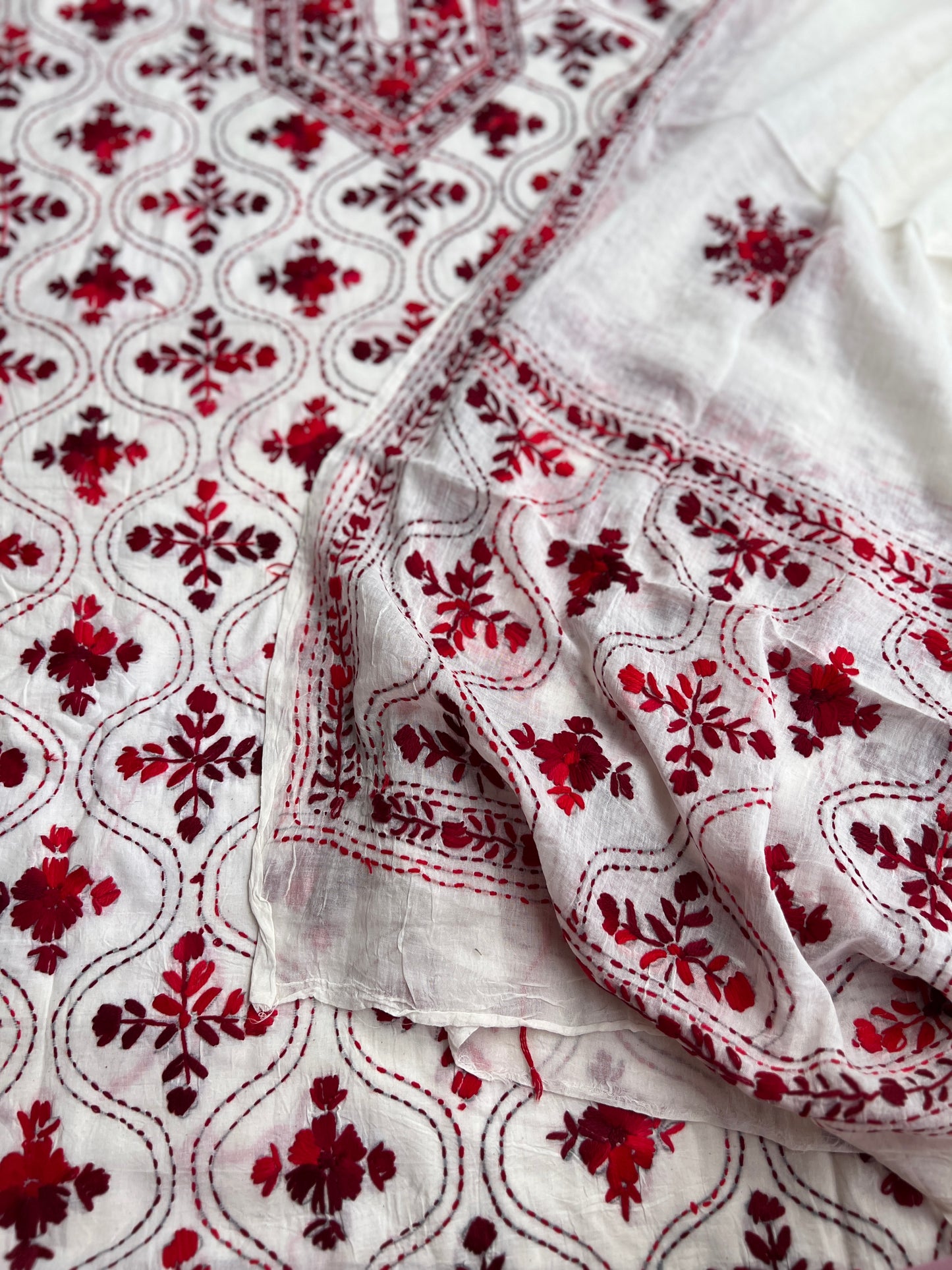 Ivory & Crimson Pure Cotton Hand-Embroidered Unstitched Dress