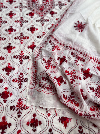 Ivory & Crimson Pure Cotton Hand-Embroidered Unstitched Dress