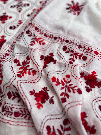 Ivory & Crimson Pure Cotton Hand-Embroidered Unstitched Dress
