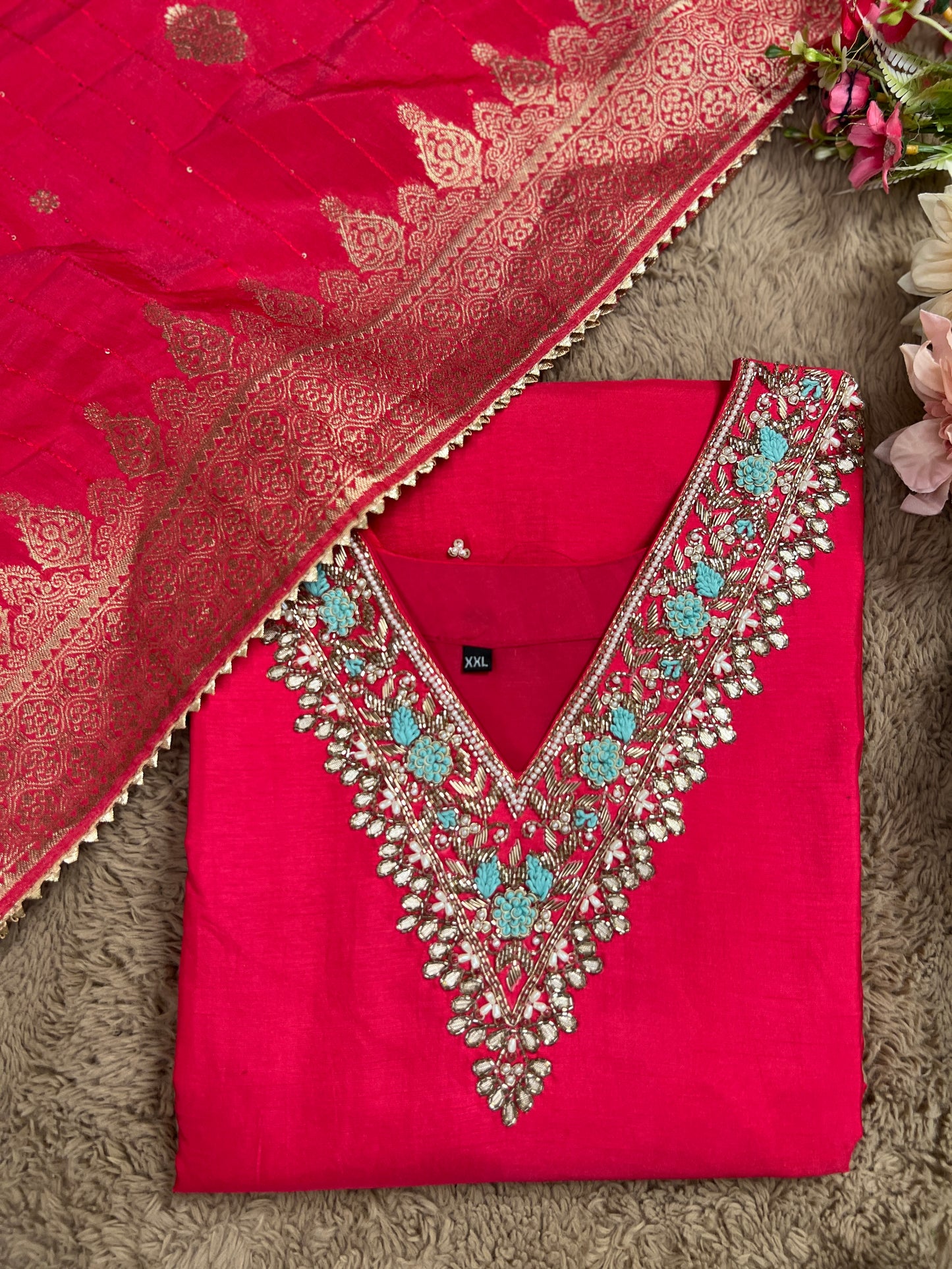 Dark Pink Dola Silk Suit with Handwork & Banarasi Dupatta