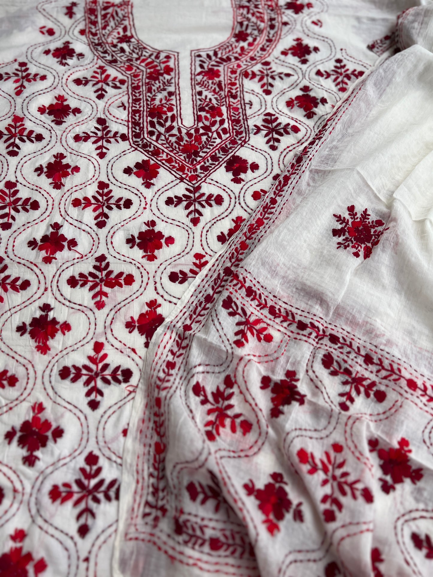 Ivory & Crimson Pure Cotton Hand-Embroidered Unstitched Dress