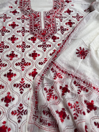 Ivory & Crimson Pure Cotton Hand-Embroidered Unstitched Dress