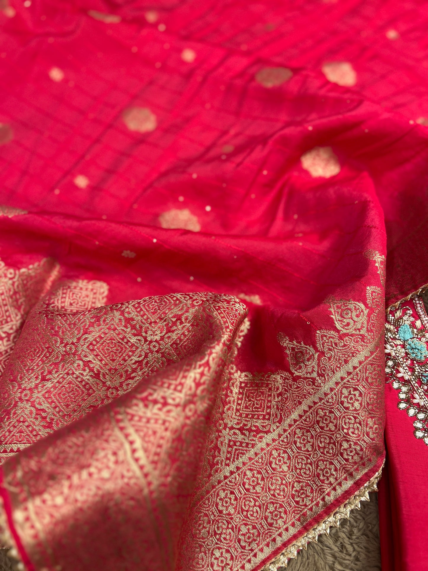 Dark Pink Dola Silk Suit with Handwork & Banarasi Dupatta
