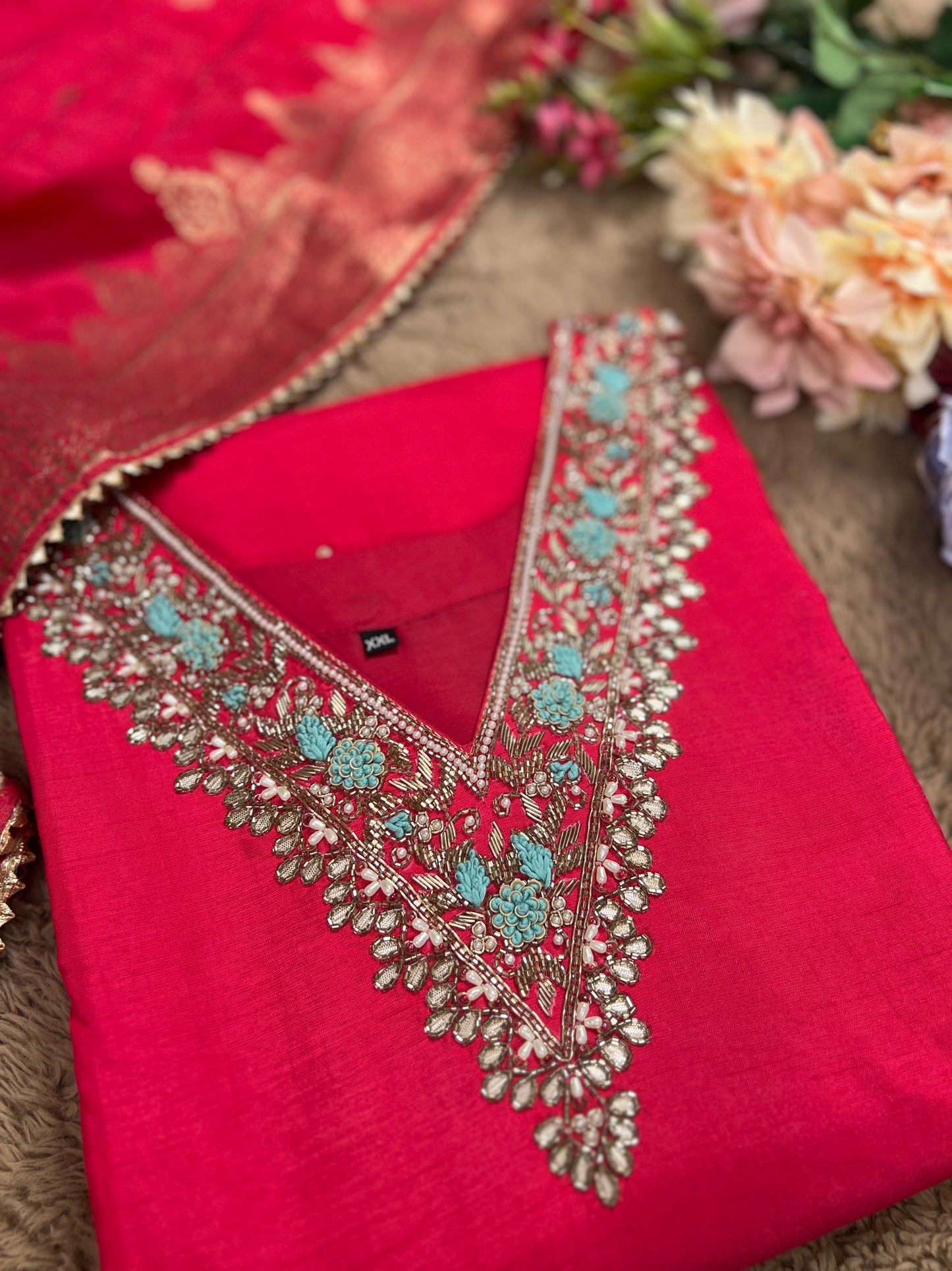 Dark Pink Dola Silk Suit with Handwork & Banarasi Dupatta