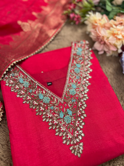 Dark Pink Dola Silk Suit with Handwork & Banarasi Dupatta
