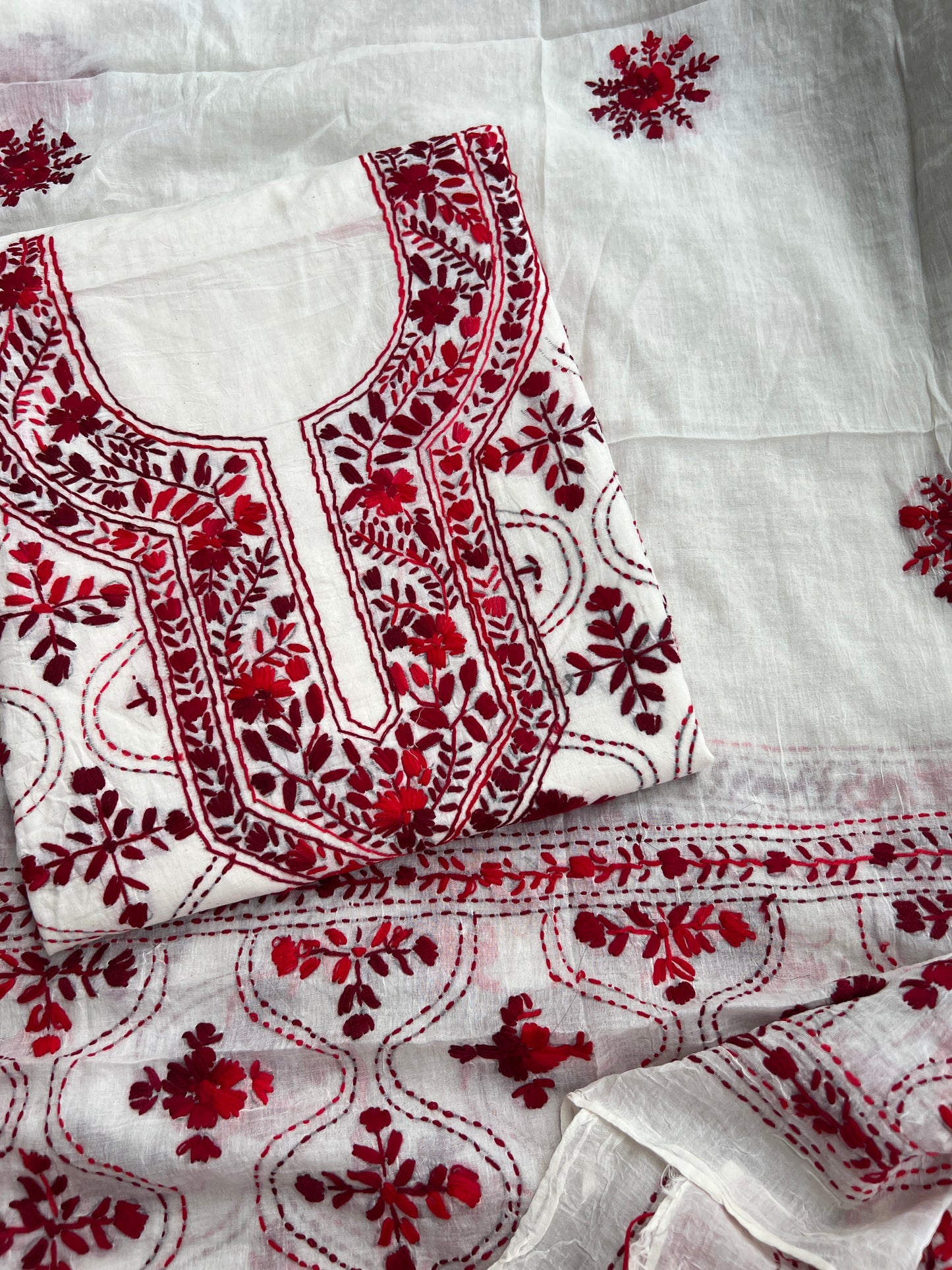 Ivory & Crimson Pure Cotton Hand-Embroidered Unstitched Dress