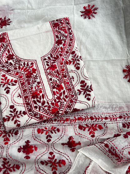 Ivory & Crimson Pure Cotton Hand-Embroidered Unstitched Dress