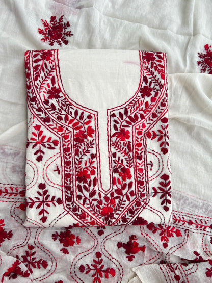 Ivory & Crimson Pure Cotton Hand-Embroidered Unstitched Dress