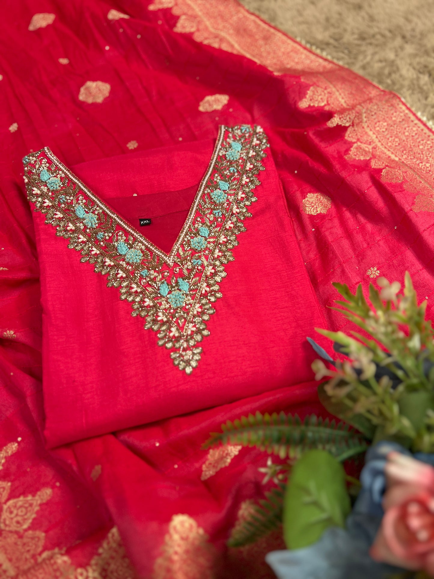 Dark Pink Dola Silk Suit with Handwork & Banarasi Dupatta