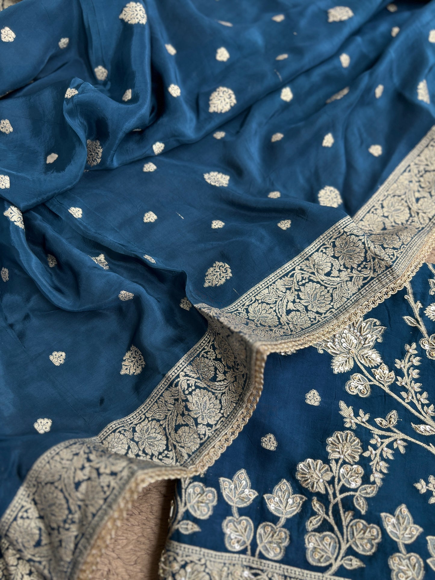 Banarasi woven Floral Silk Suit with Embroidered Detailing & Silk Dupatta