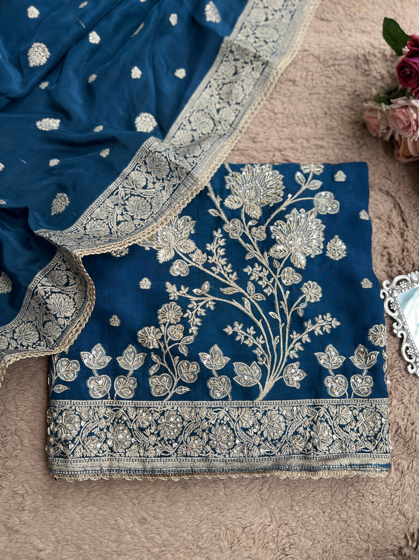 Banarasi woven Floral Silk Suit with Embroidered Detailing & Silk Dupatta