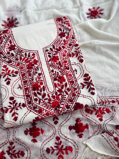 Ivory & Crimson Pure Cotton Hand-Embroidered Unstitched Dress
