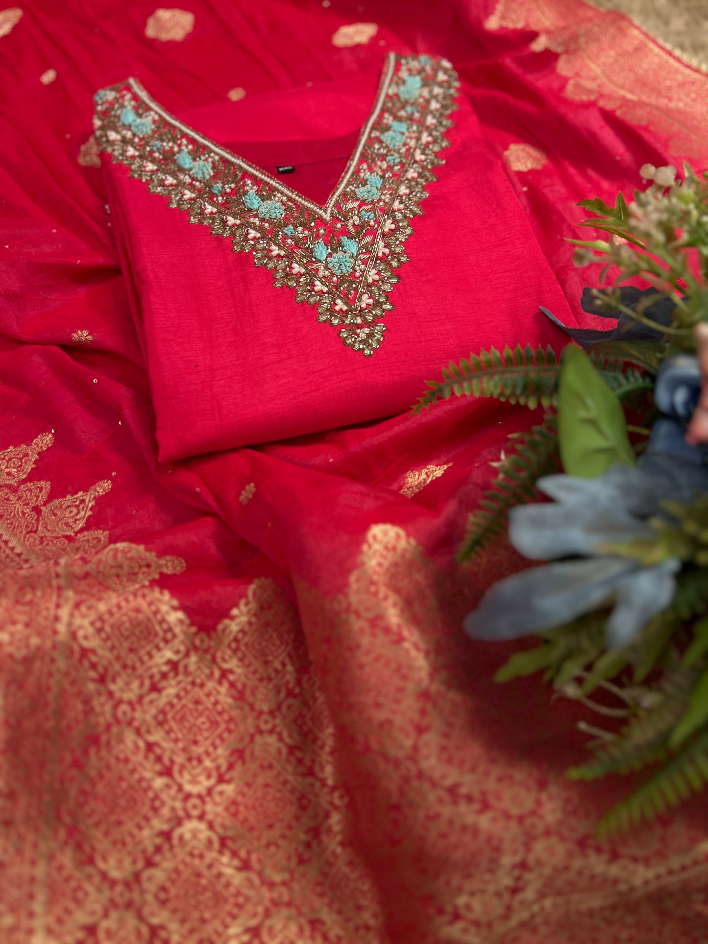 Dark Pink Dola Silk Suit with Handwork & Banarasi Dupatta