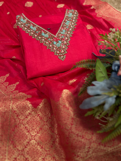 Dark Pink Dola Silk Suit with Handwork & Banarasi Dupatta