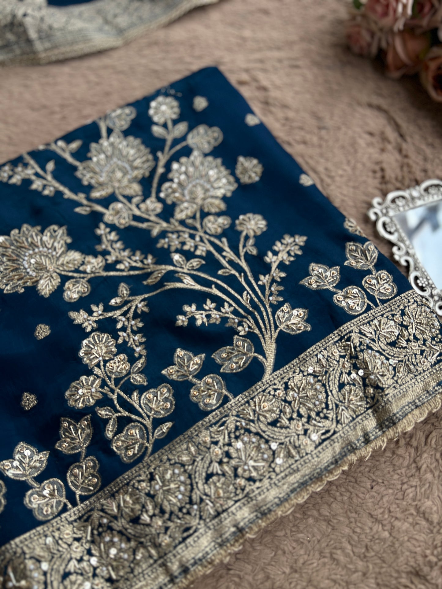 Banarasi woven Floral Silk Suit with Embroidered Detailing & Silk Dupatta