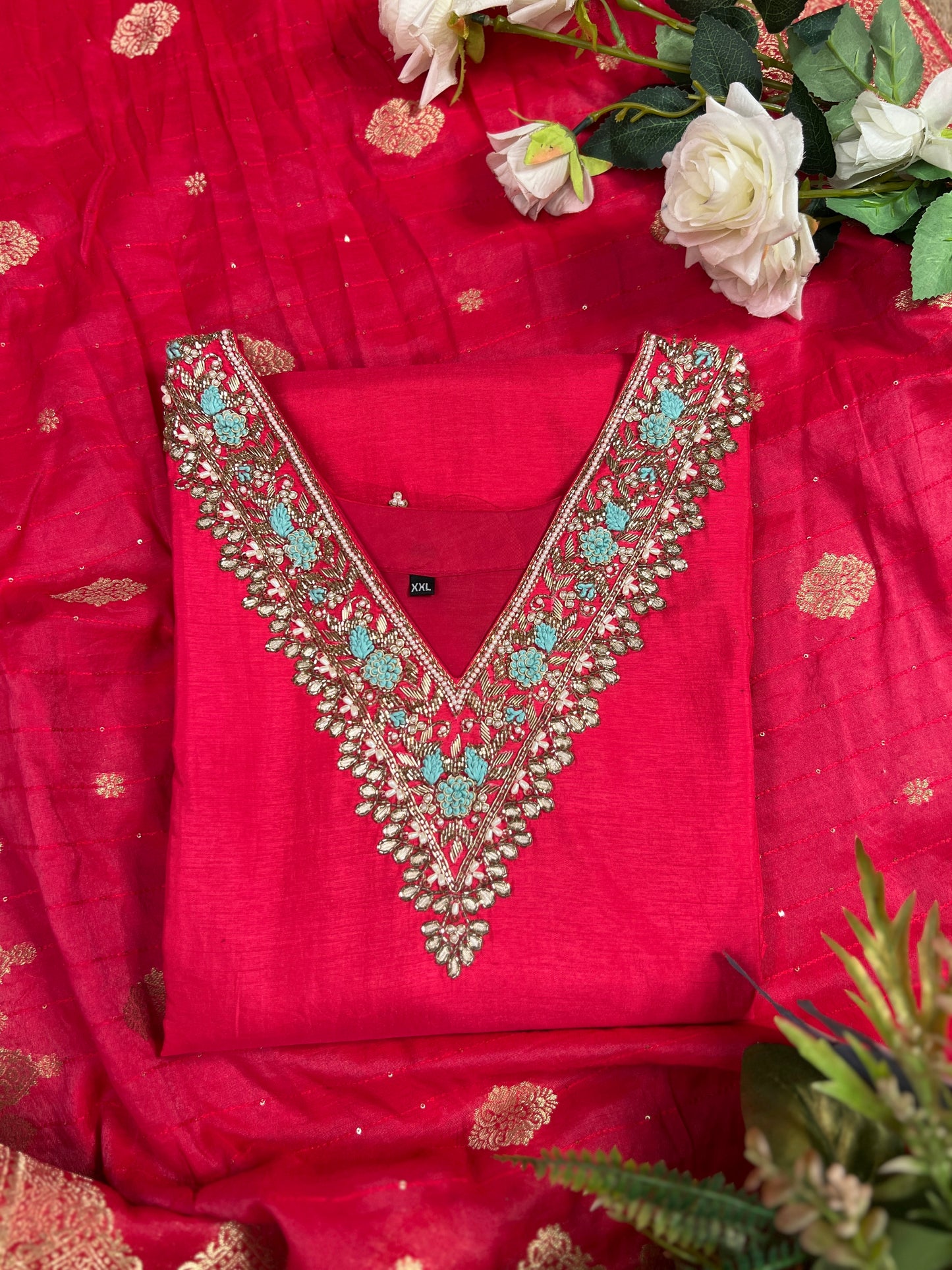 Dark Pink Dola Silk Suit with Handwork & Banarasi Dupatta