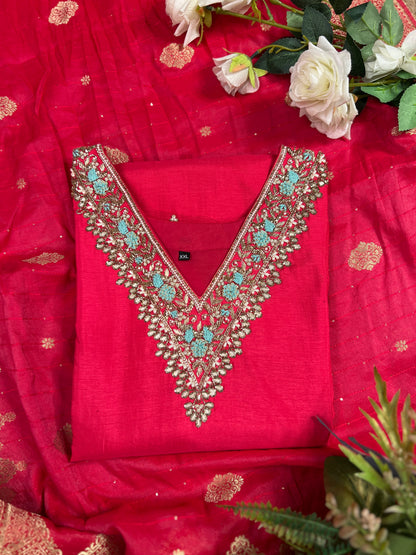 Dark Pink Dola Silk Suit with Handwork & Banarasi Dupatta