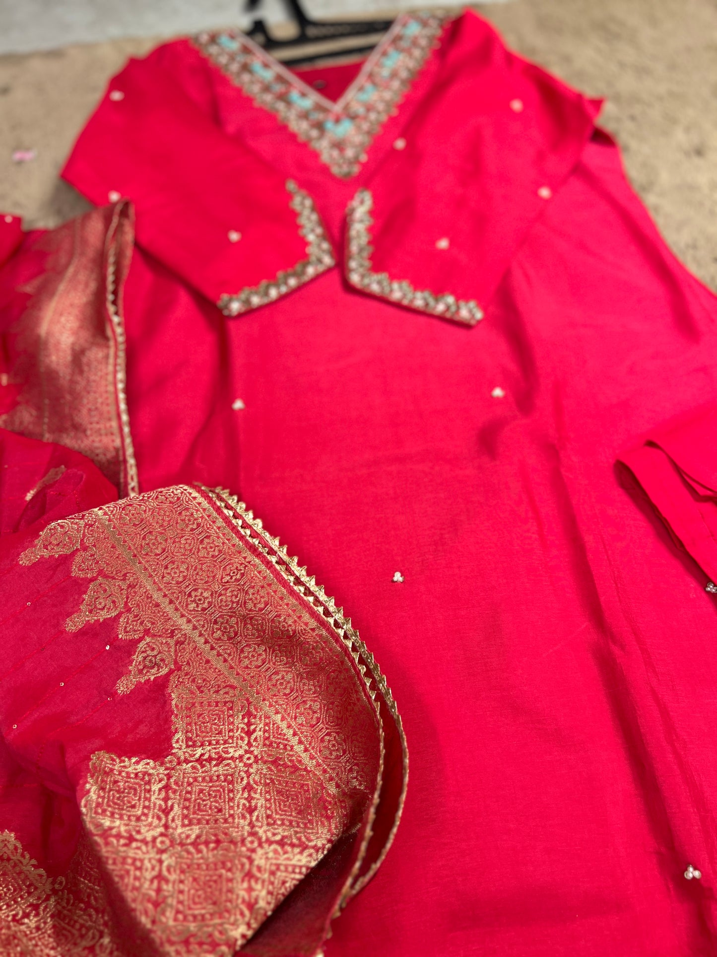 Dark Pink Dola Silk Suit with Handwork & Banarasi Dupatta