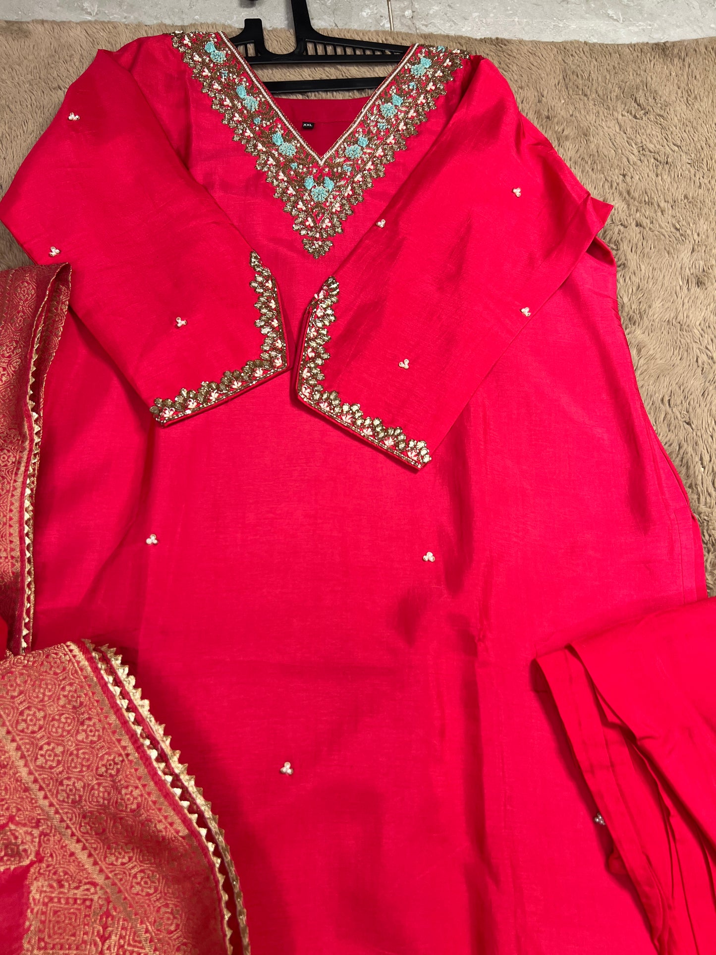 Dark Pink Dola Silk Suit with Handwork & Banarasi Dupatta