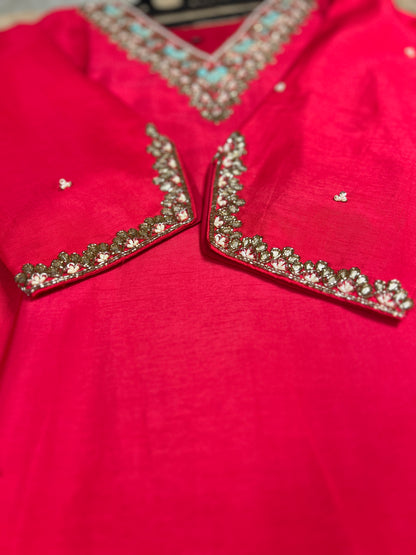 Dark Pink Dola Silk Suit with Handwork & Banarasi Dupatta