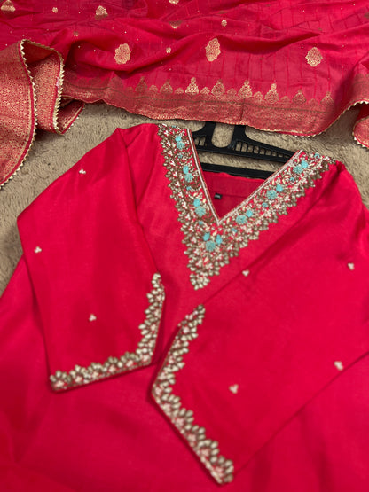 Dark Pink Dola Silk Suit with Handwork & Banarasi Dupatta