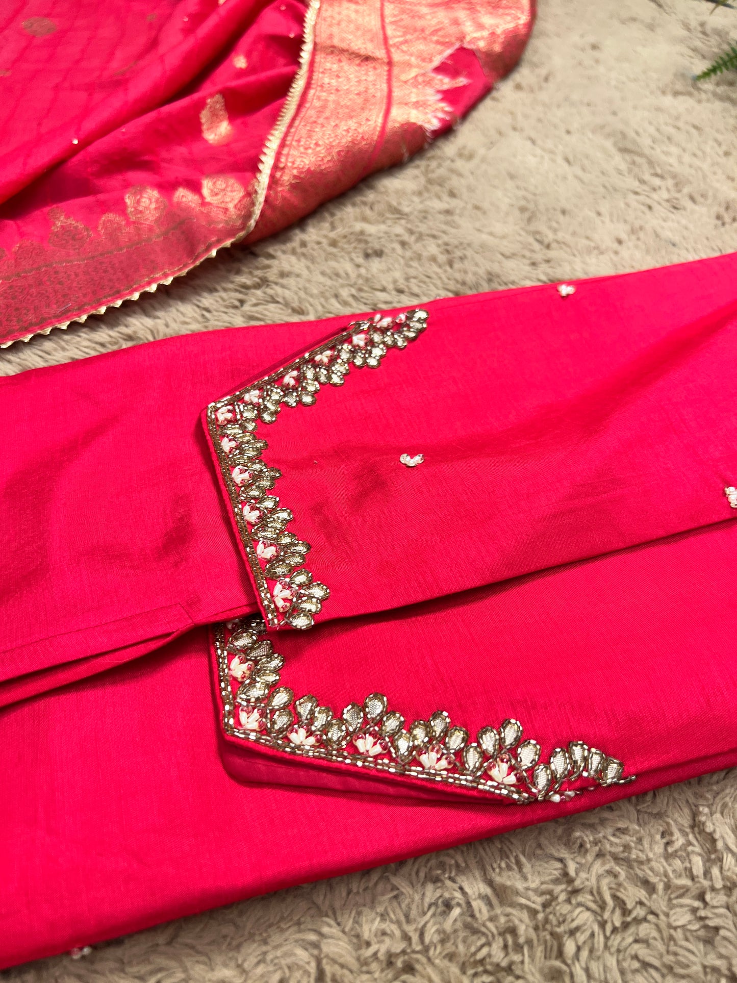 Dark Pink Dola Silk Suit with Handwork & Banarasi Dupatta