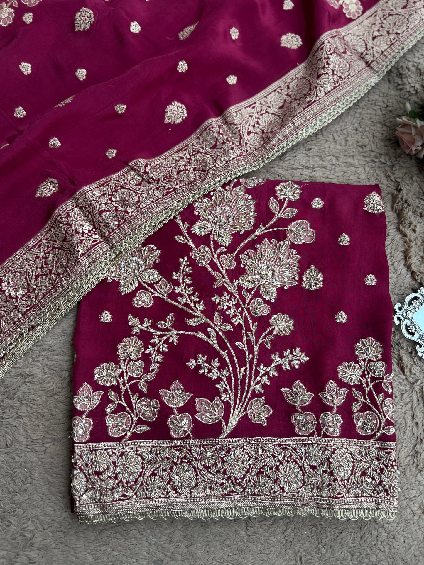 Banarasi woven Floral Silk Suit with Embroidered Detailing & Silk Dupatta