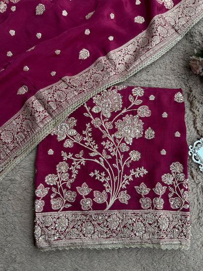 Banarasi woven Floral Silk Suit with Embroidered Detailing & Silk Dupatta