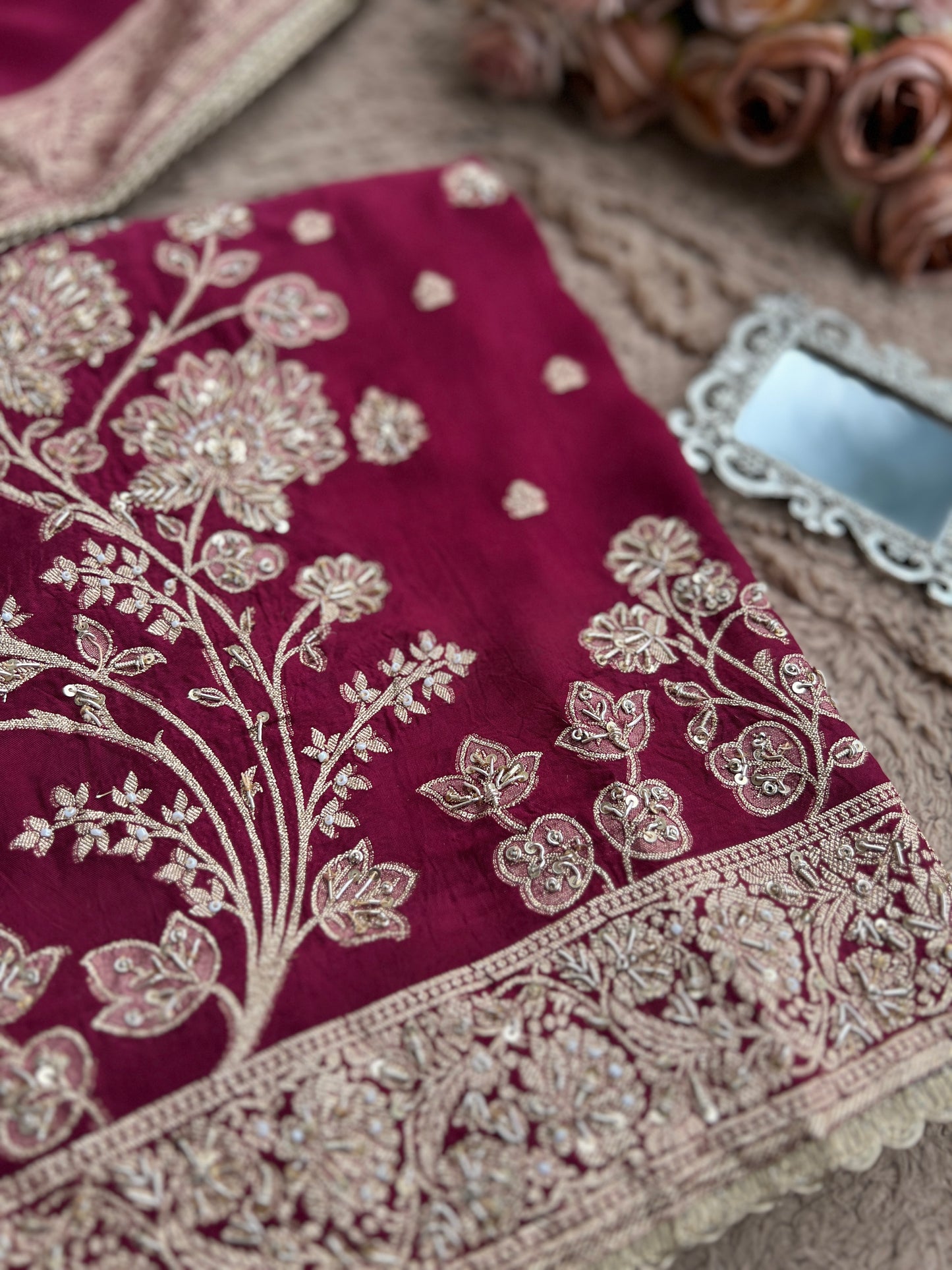 Banarasi woven Floral Silk Suit with Embroidered Detailing & Silk Dupatta