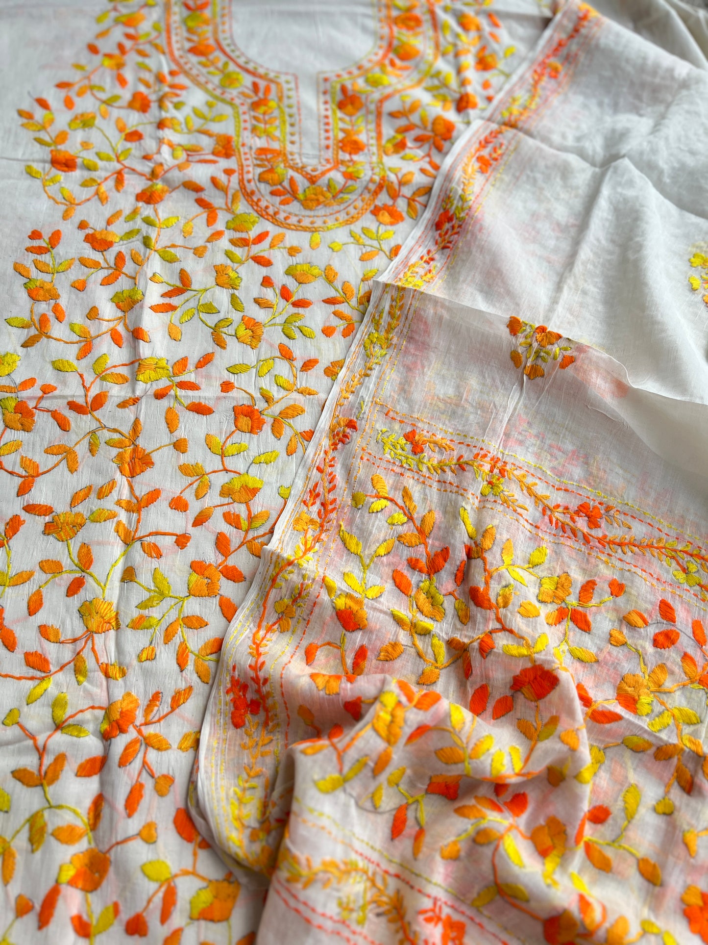 Ivory & Orange Pure Cotton Hand-Embroidered Unstitched Dress