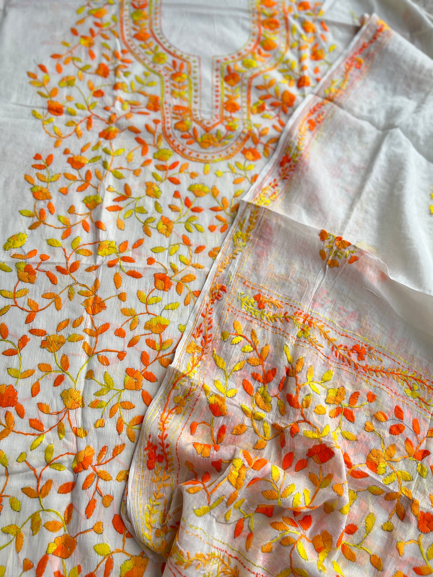 Ivory & Orange Pure Cotton Hand-Embroidered Unstitched Dress