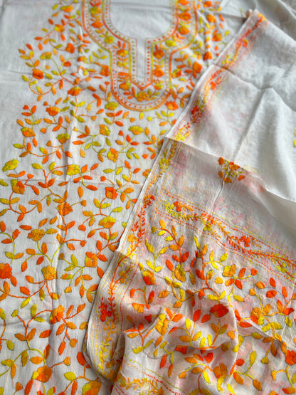 Ivory & Orange Pure Cotton Hand-Embroidered Unstitched Dress