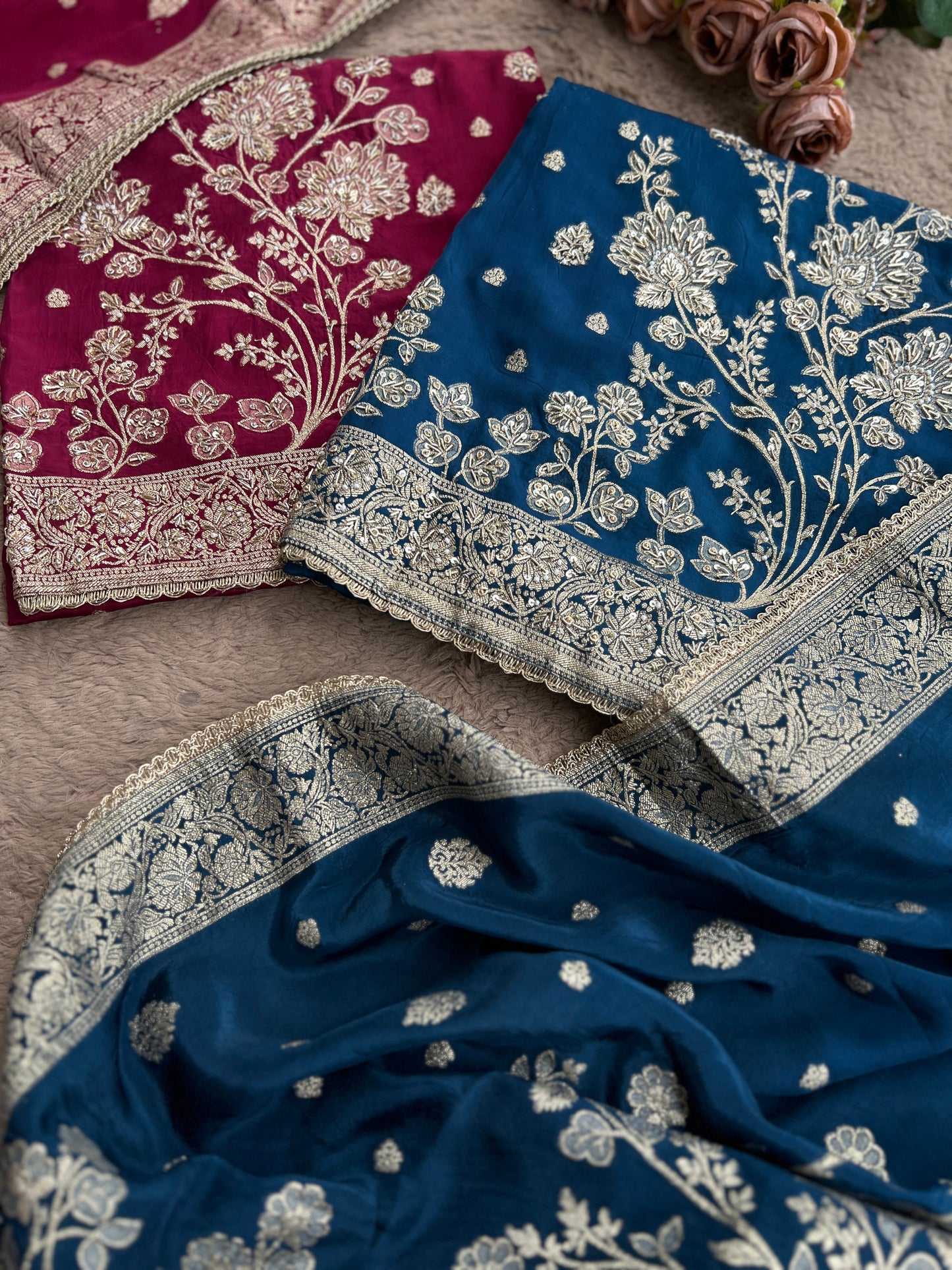 Banarasi woven Floral Silk Suit with Embroidered Detailing & Silk Dupatta