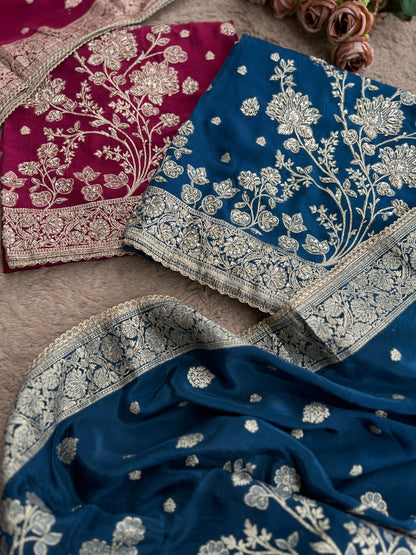 Banarasi woven Floral Silk Suit with Embroidered Detailing & Silk Dupatta