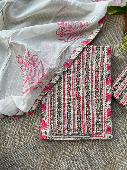 Floral Rose pink Handblock Cotton suit set