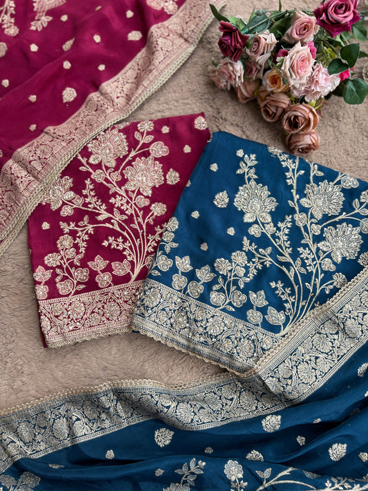Banarasi woven Floral Silk Suit with Embroidered Detailing & Silk Dupatta