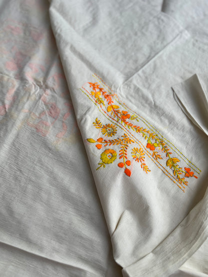 Ivory & Orange Pure Cotton Hand-Embroidered Unstitched Dress