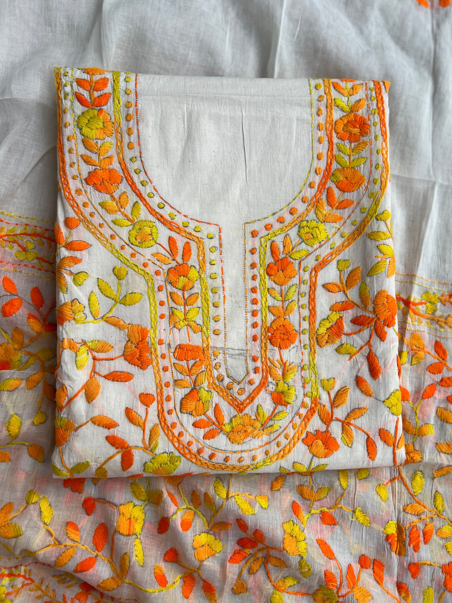 Ivory & Orange Pure Cotton Hand-Embroidered Unstitched Dress