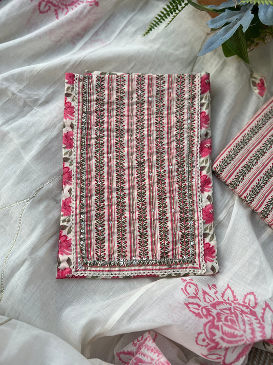 Floral Rose pink Handblock Cotton suit set