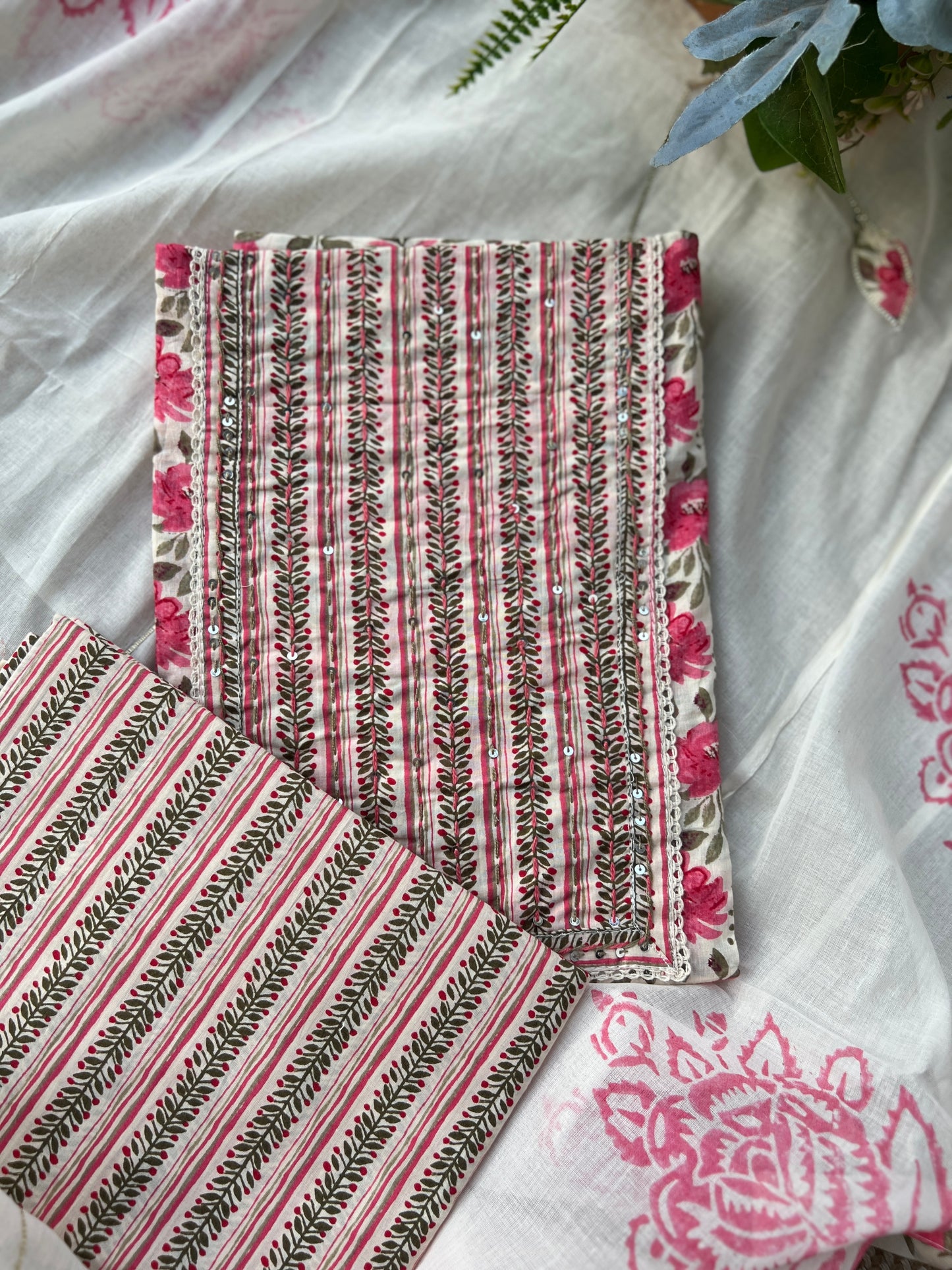 Floral Rose pink Handblock Cotton suit set