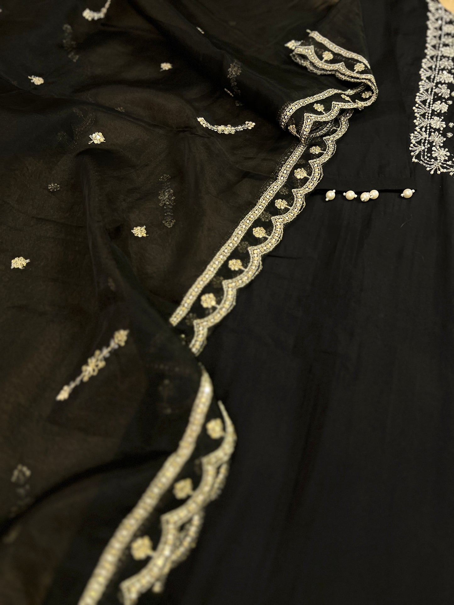 Black Modal Maslin Suit with Cut Dana Neck Work & Embroidered Organza Dupatta
