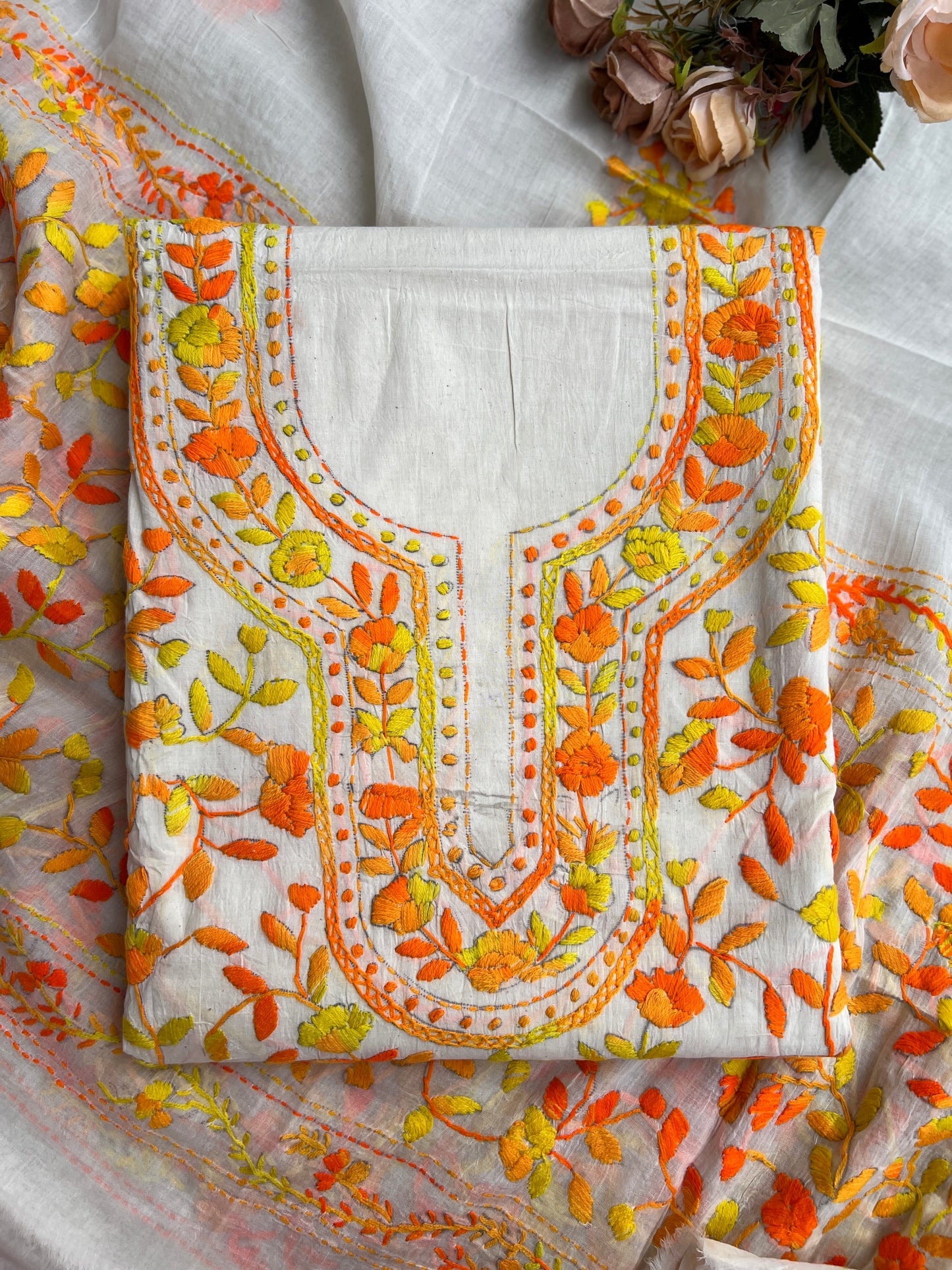 Ivory & Orange Pure Cotton Hand-Embroidered Unstitched Dress