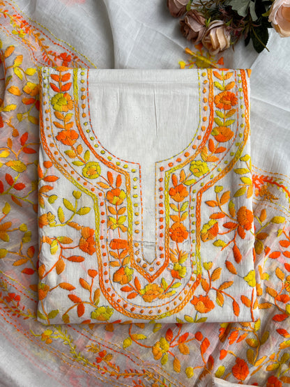 Ivory & Orange Pure Cotton Hand-Embroidered Unstitched Dress