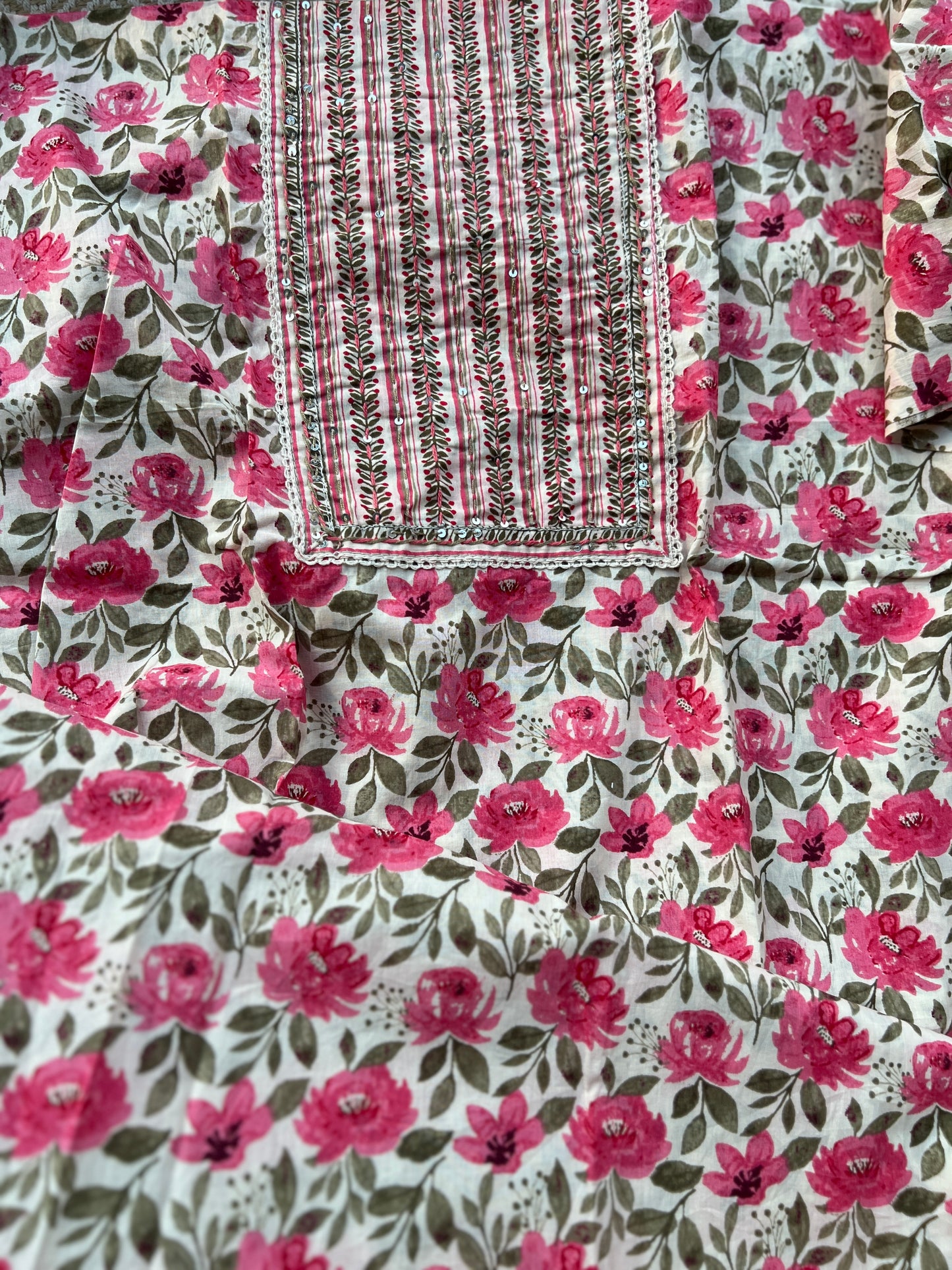 Floral Rose pink Handblock Cotton suit set