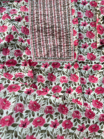 Floral Rose pink Handblock Cotton suit set