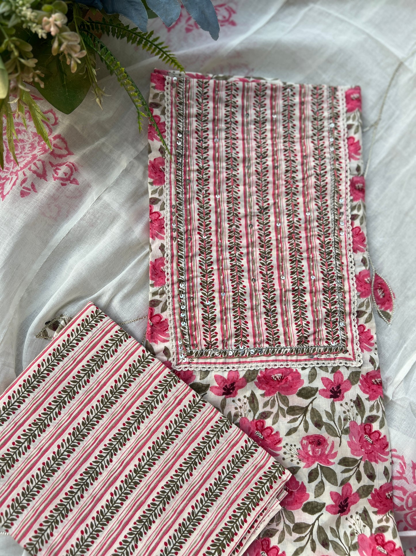 Floral Rose pink Handblock Cotton suit set